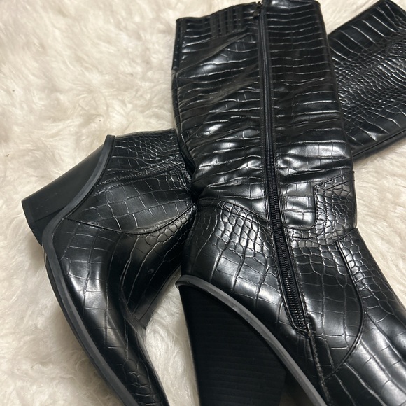 Y2K Retro Black Knee High Alligator Chunky Heeled Cowboy Boots 41 - Picture 5 of 10